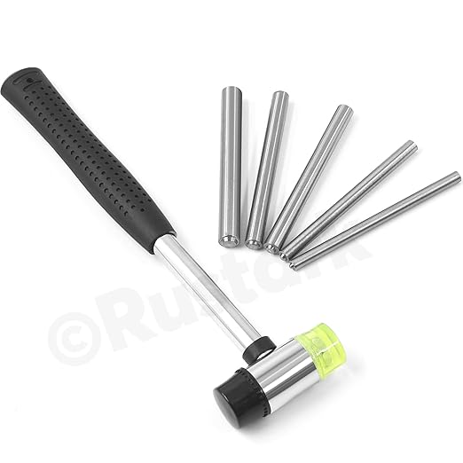 6Pcs 5 Sizes Roll Pin Punch Set with Double Faced Rubber Hammer Removing Repair Tools Steel Roll Pin Punches for Automotive Watch Bike Repairing
