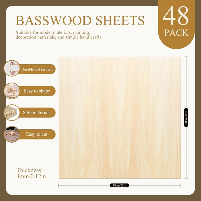 48 Pack Basswood Sheets 12"x12"x1/8" 3mm Basswood - Image 3
