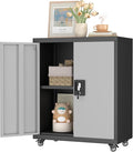 GREATMEET Metal Storage Cabinet with Locking Doors,Steel Storage Cabinet with Wheels Suit for Home Office with 1 Adjustable Shelf for Files, Black&Grey