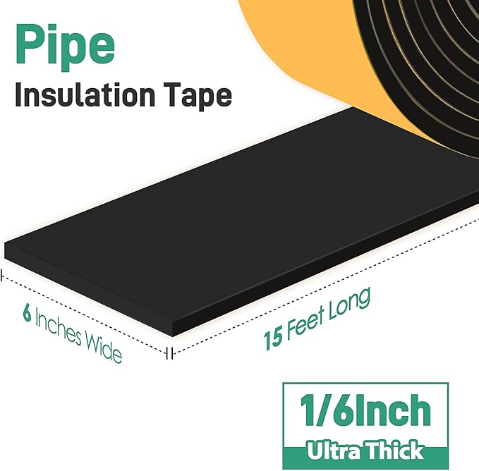 Pipe Insulation Tape, Foam Insulation Tape for Outdoor Pipes Winter Freeze Protection, Foam Pipe Insulation Wrap, Heat Tape for Water Pipes, Copper Pipes, PVC, AC Line, 6in x 15ft, Black