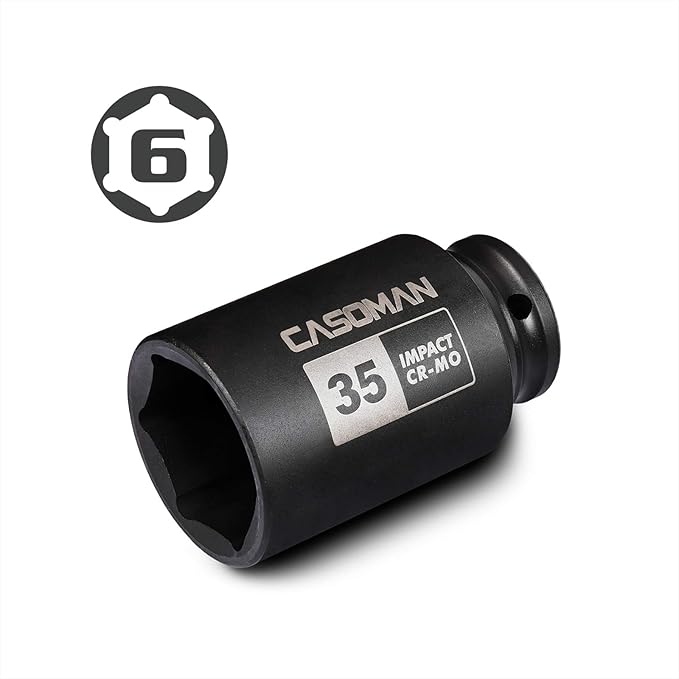 CASOMAN 1/2" Drive x 35 mm Deep 6 PT Impact Socket, CR-MO, 1/2-inch Drive 6 Point Axle Nut Socket for Easy Removal of Axle Shaft Nuts (35MM)