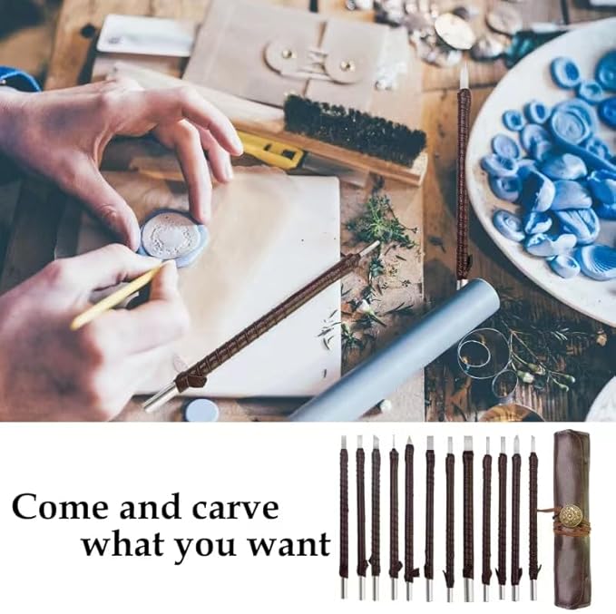 Esamploe 12 Pcs Stone Carving Tool,Tungsten Steel Soapstone Carving Kit,Gravers for Metal with Portable Leather Roll Bag,Hand Engraving Tools for Slate,Wood,Soft Limestone,Lapis Lazuli,Bamboo