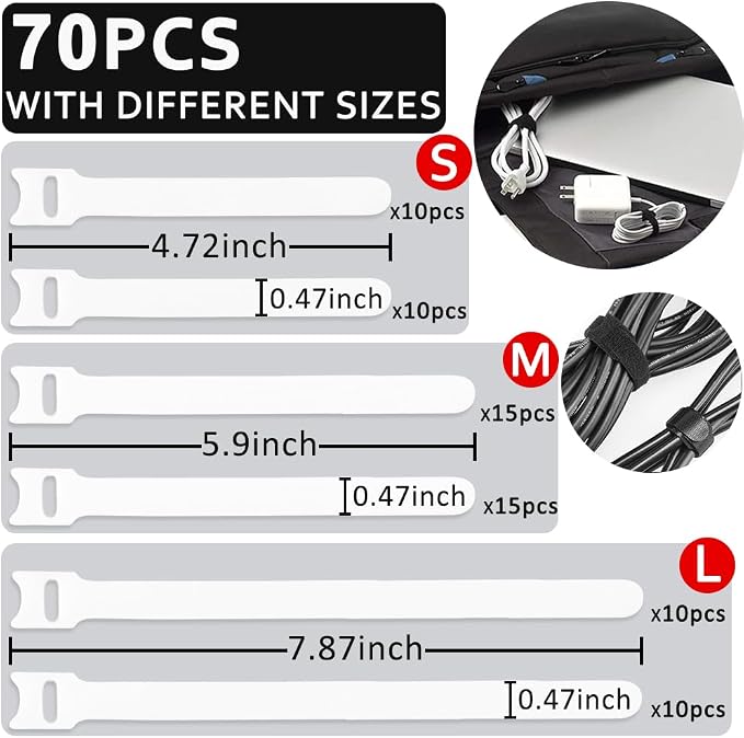 70pcs Cable Ties Reusable White Wire Ties Cable Management Cord Ties Reusable - Image 2