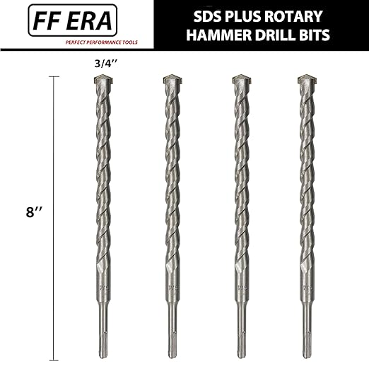4-Pack SDS Plus 3/4 inch x 8 inch Rotary Hammer Drill Bits, Carbide Tipped for Brick, Stone and Concrete (3/4'' x 8'')