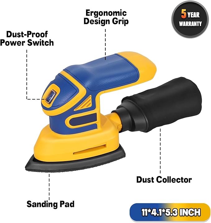 Cordless Detail Sander Compatible with Dewalt 20v Max Battery, 1.9Amp, Dust Collector, Brushless 12,000 OPM Speed, Compact Soft Palm Grip, 10pcs Sanding Pads, 2.0Ah Charger & Battery Kit