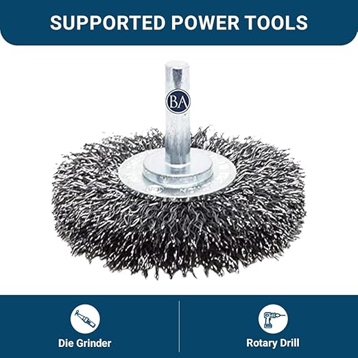Benchmark Abrasives 1-1/2" Mounted Crimped Wire Wheel for Cleaning deburring on Cast Iron, Steel, Titanium, Nickel, 1/4" Shank for Rotary Tools, Coarse Grit - Carbon Steel
