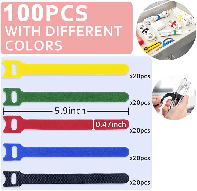 100pcs Cable Ties Reusable Rainbow Color Wire Ties Cable Management Cord Ties - Image 2