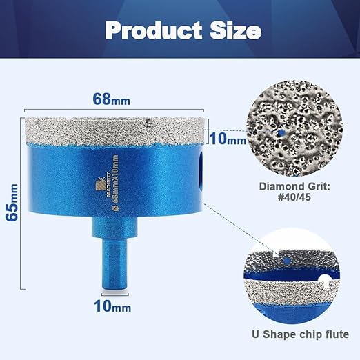 Dry Diamond Core Drill Bit,BRSCHNITT 68mm Diamond Hole Saw Core Drill Bit with Triangle Shank for Porcelain Tile Ceramic Stone Granite Marble