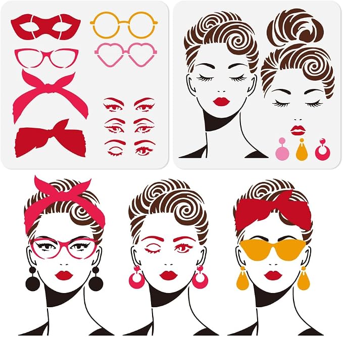 2Pcs Retro Lady Face Stencils for Painting, 11.8"x 11.8" Reusable Combinable by Doodlream