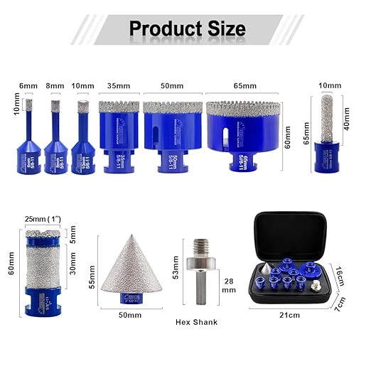 SHDIATOOL Diamond Drill Core Bits Kit Hole Saw Sets Diamond Drill Mould Guide for Drilling Porcelain Tile Marble Ceramic Granite with Hollow EVA Guide Jig 10pcs(6/8/10/25/35/50/65/10MM/2inch/HEX)