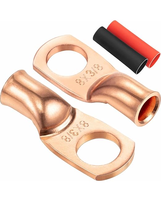 Landhoow 20 Pcs UL Test Wire Lugs 8 Gauge Stud Ring Terminals,8 Gauge Wire Connectors,Heavy Duty Copper Crimp Lugs, Welding Cable Bare Copper Eyelet Lug & Heat Shrink (8 Awg 3/8 Ring,10 Black, 10 Red)