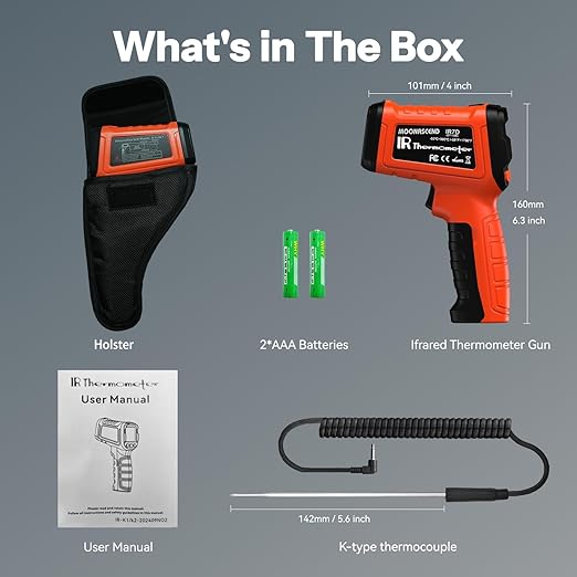Dual-Mode 50:1 Infrared Thermometer Gun -58°F to 1796°F, with K-Type Thermocouple for Internal Measurements, Max/Min Temperature, Alarm for Industrial & Home Use