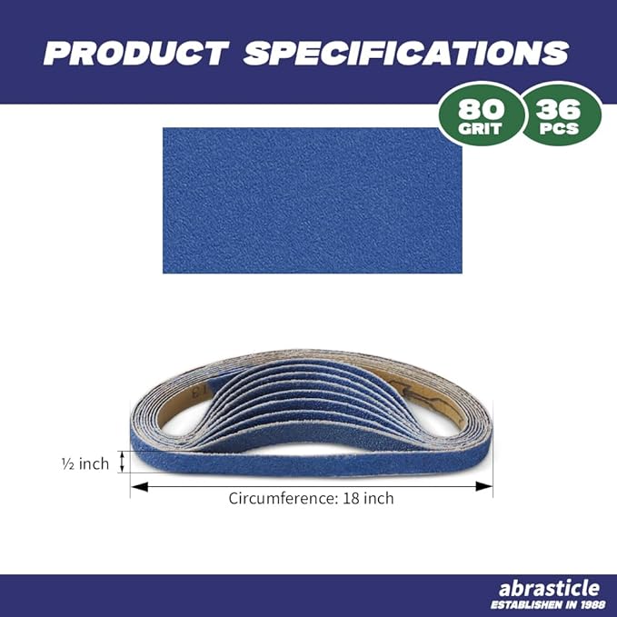 1/2" x 18" Zirconia Sanding Belts for Metal - 1/2 x 18 Inch Zirconia Metal Grinding Sand Paper, 36 PCS 80 Grits, Perfect for Knife Blade Sharpening, Metal Polishing, Derusting, Woodworking