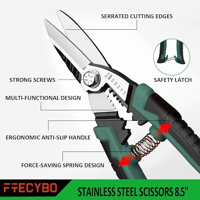 Heavy Duty Industrial Scissors 8.5'', Electrician Scissors with Finely Serrated CR-V Powerful Blades, Easy Cutting Wires, Cardboard, Plastic, Carpet, Wire Stripping and Crimping