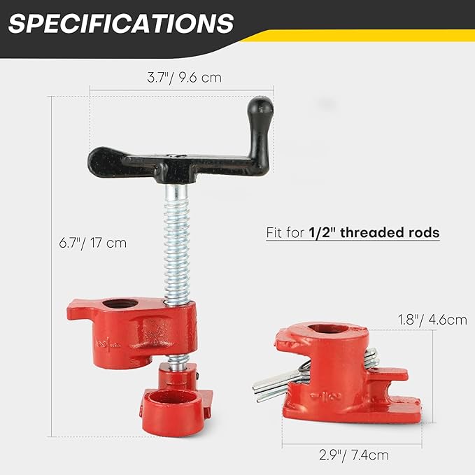Wood Gluing Pipe Clamp Set | 1/2" Heavy Duty Woodworking Cast Iron Pipe Clamps Quick Release Pipe Wood Clamps (4 Pack, 1/2")