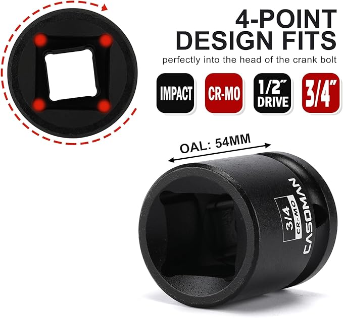 CASOMAN 1/2"Drive 3/4" Budd Wheel Impact Socket, 4-Point Square Socket, CR-MO