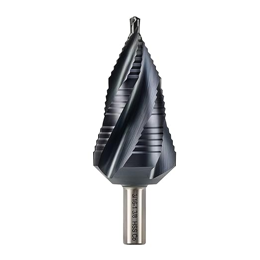 ZELCAN 19 Sizes M35 Cobalt Step Drill Bit, 3/16" to 1-3/8" Four Spiral Flute Drill Bit for Metal, Titanium-Coated HSS Step Bit with 2/5" Tri-Flat Shank for Stainless Steel Aluminum Copper Wood Plastic