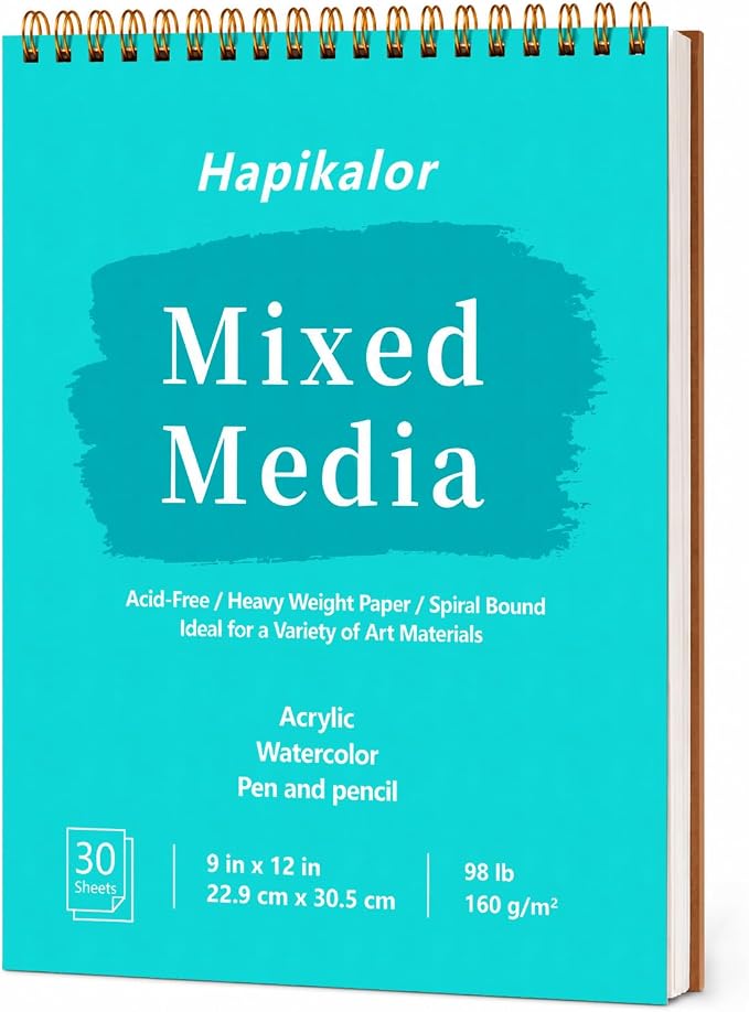 Mixed Media Sketchbook 9" x 12" Multimedia Sketchbook, Top Spiral Bound Sketch by Hapikalor