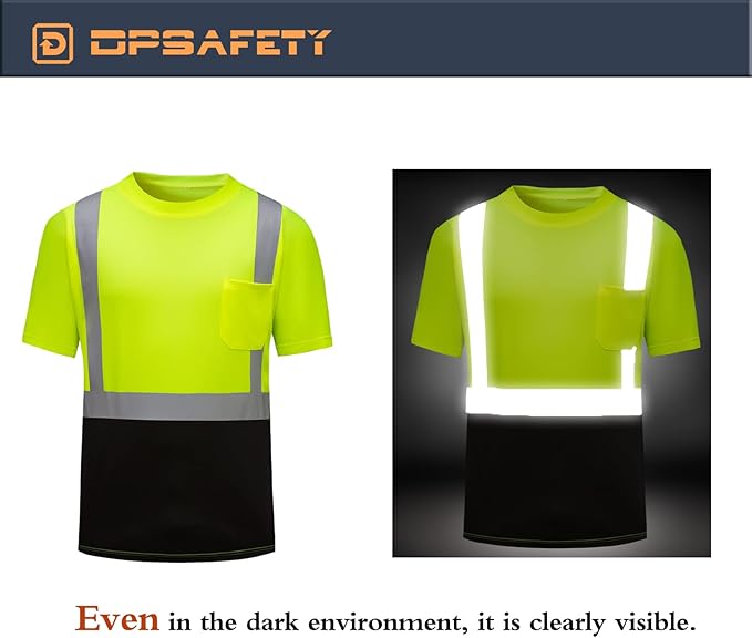 High Visibility Shirts Quick Dry Safety T Shirts with Reflective Strips and Pocket Short Sleeve Mesh Hi Vis Construction Work Class 2 Shirt for Men/Women Black Bottom Lime,XL