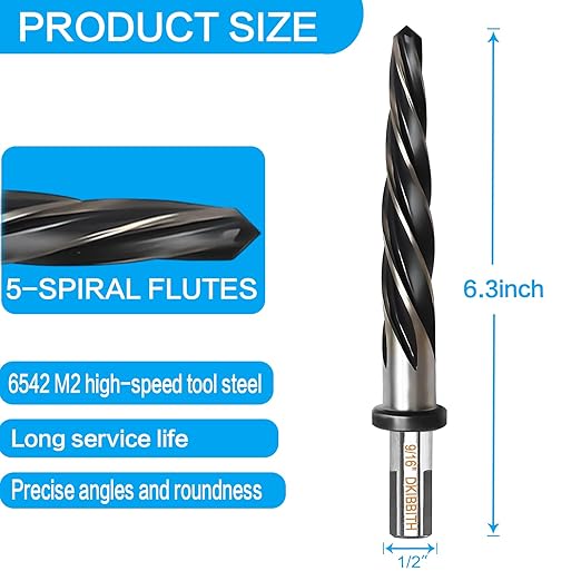 9/16" Bridge Construction Reamer Drill Bit, M2 HSS Taper Chucking Reamer for Steel Alloy Metal Wood Plastic, 1/2" Non-Slip Shank, 5-Spiral Flutes Car Reamer, to Align or Enlarge Holes, 14mm