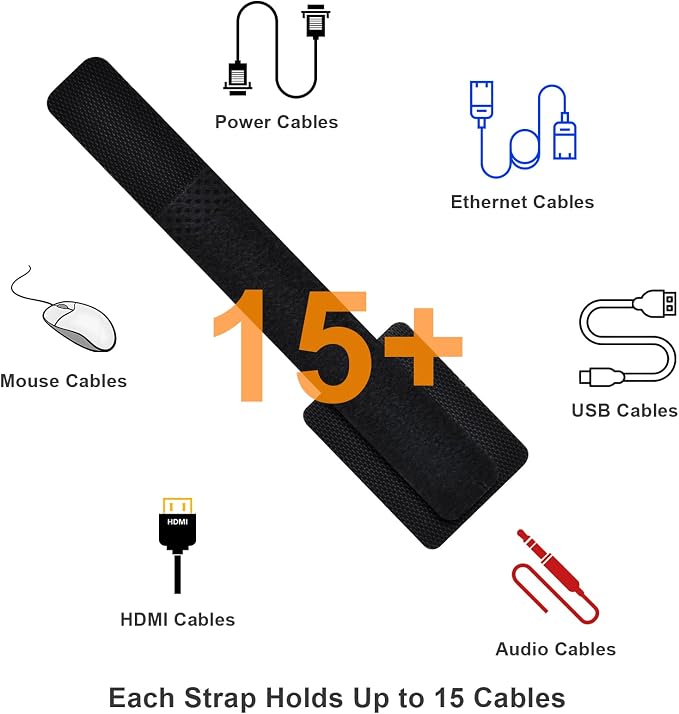 Cable Management Under Desk, 60 Pair Cord Organizer Straps | Reusable hook and - Image 4
