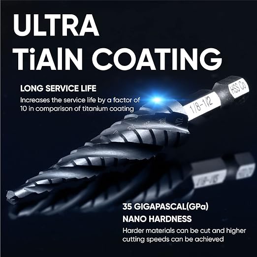 toolant Four Spiral Flute Cobalt Step Drill Bit(Pro), 1/8"-1/2" Impact Ready Unibit Step Drill Bit, 1/4" Hex Shank Unibit for Metal, Stainless Steel, Aluminum, Plastic