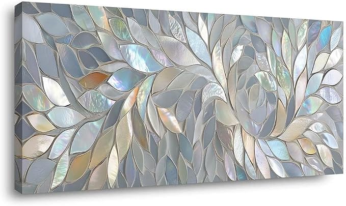 ZESTRILIA Iridescent Mosaic Leaf Canvas Wall Art, Abstract Mother of Pearl Print by Unknown