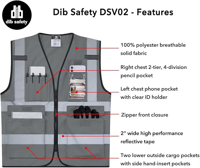 Dib Safety Reflective Vest High Visibility with Pockets and Zipper, Gray S