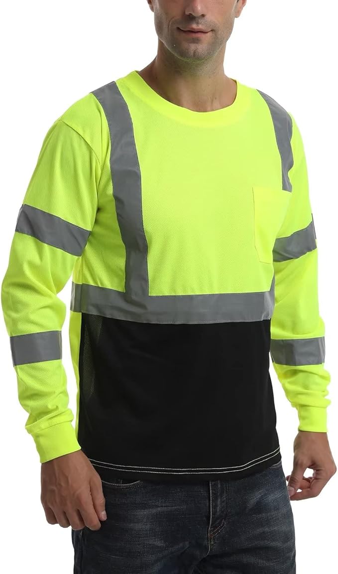 High Visibility Class 3 T Shirts，Hi Vis Safety Shirts with Reflective Strips and Pocket, Long Sleeve Quick Dry Mesh Construction Work Shirt for Men/Women Black Bottom Lime,5XL