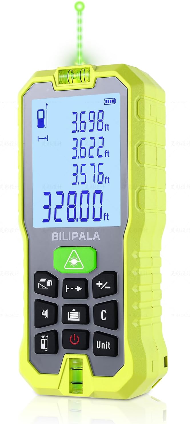 Laser Measure, 100M/328ft Digital Laser Distance Meter, ±2mm Accuracy Laser Measuring Tool, Tape Measure with Backlit LCD, Measuring Distance,Area,Volume,Pythagorean IP54 Shockproof(Green)