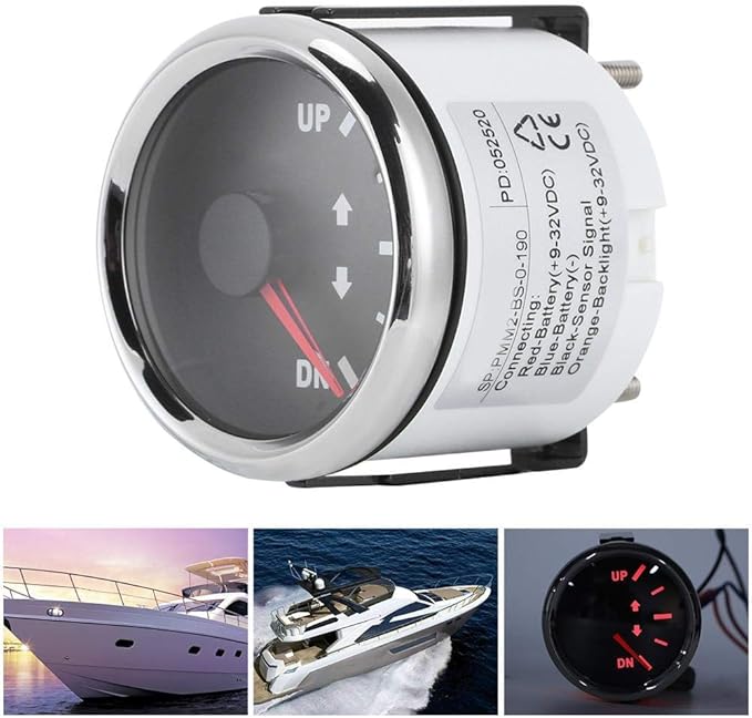Aramox Boat Trim Gauge, 52mm/2in UP-DN Boat Trim Gauge 0-190ohm Trim Tilt Indicator Red Backlight (Black Dial Silver Frame)