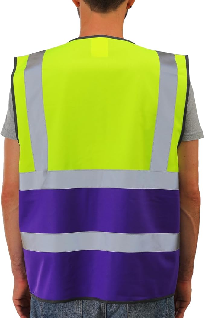 Dib Safety Reflective Vest High Visibility with Pockets and Zipper, Yellow and Purple S
