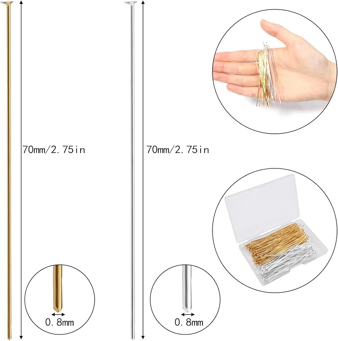 200 Pcs 70mm/2.76 Inch 21 Gauge Head Pins - Image 2