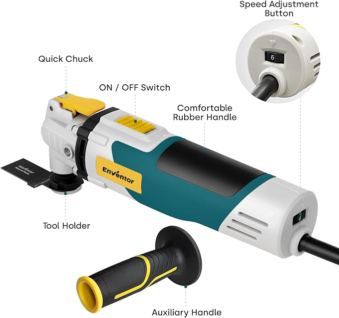 Enventor Oscillating Multi Tools, 2.5A Electric Oscillating Saw with 43PCS Accessories, 15000-22000 OPM, 6 Variable Speeds, 3°Oscillation Angle, Auxiliary Handle for Cutting, Scraping, Sanding, Blue
