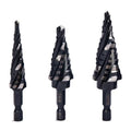 Four Spiral Flute M35 Cobalt Step Drill Bit Set 1/8"-7/8"(3pcs),Impact Ready Four Flute Step Drill Bit, 1/4" Hex Shank Step Bits for Drilling Metal, Stainless Steel, Aluminum, Wood, Plastic