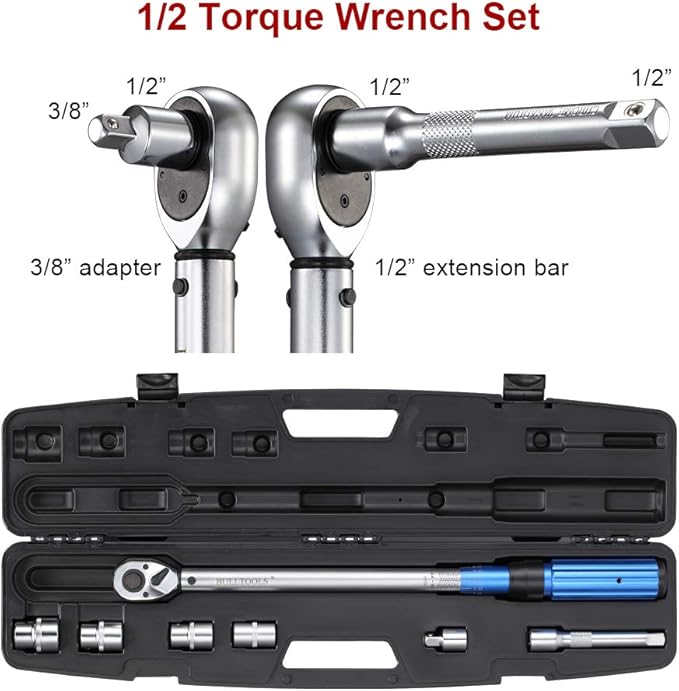 1/2-inch Drive Click Torque Wrench Set Dual-Direction Adjustable 90-tooth Torque Wrench with Buckle（10-160ft.lb / 10-220Nm）