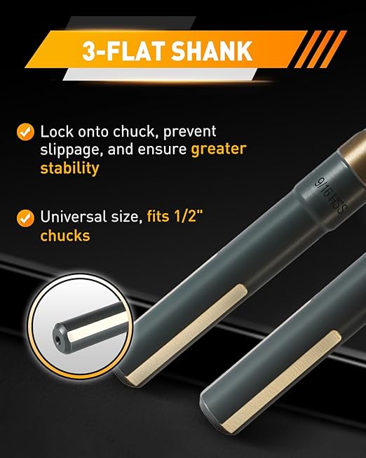 COMOWARE 9/16" Reduced Shank Drill Bit, HSS M2, Black & Gold Drill Bit with 3-Flat 1/2" Shank, 135° Split Point, Metal Drills Bits for Steel/Aluminum/Iron/Plastic/Wood, for Electricians & DIY
