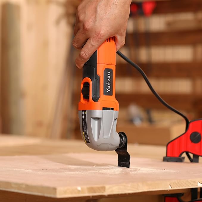 Oscillating Multi-Tool, 22000 OPM, 1.5A, 3° Oscillation Angle, 10-Piece Accessory Kit: 3 Saw Blades, Semi-Circle Blade, Sanding Plate, 6 Sanding Papers for Cutting, Grinding, Sanding