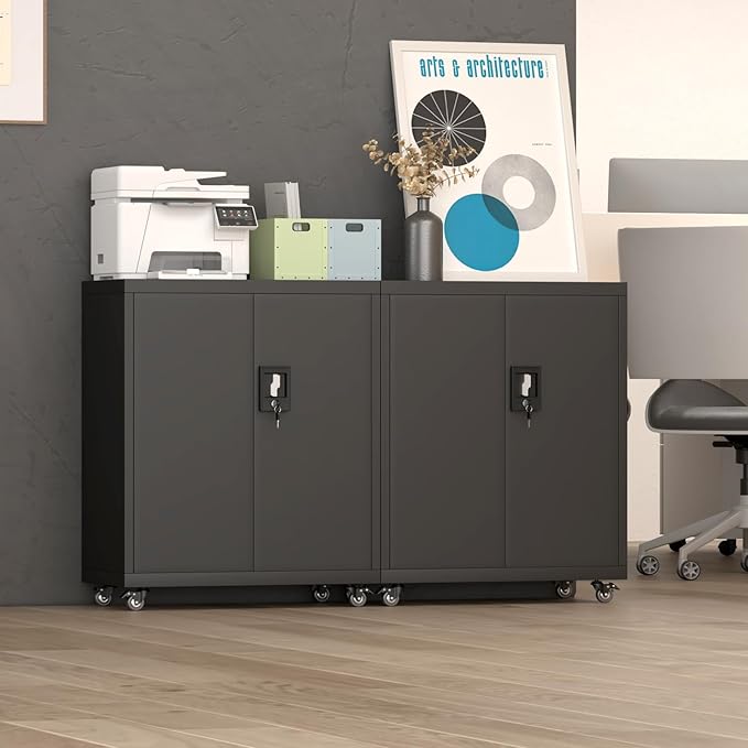 Metal Garage Storage Cabinet with Wheels,31.89" H Steel Lockable Cabinet with 2 Doors and 1 Adjustable Shelf, Small Rolling Cabinets for Home Office, Garage, Black