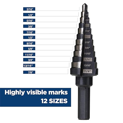 3/16 to 7/8 Inches M2 HSS Step Drill Bit for Metal, Plastic, Wood, Aluminum, Heavy Duty Unibit with Multi Hole Sizes