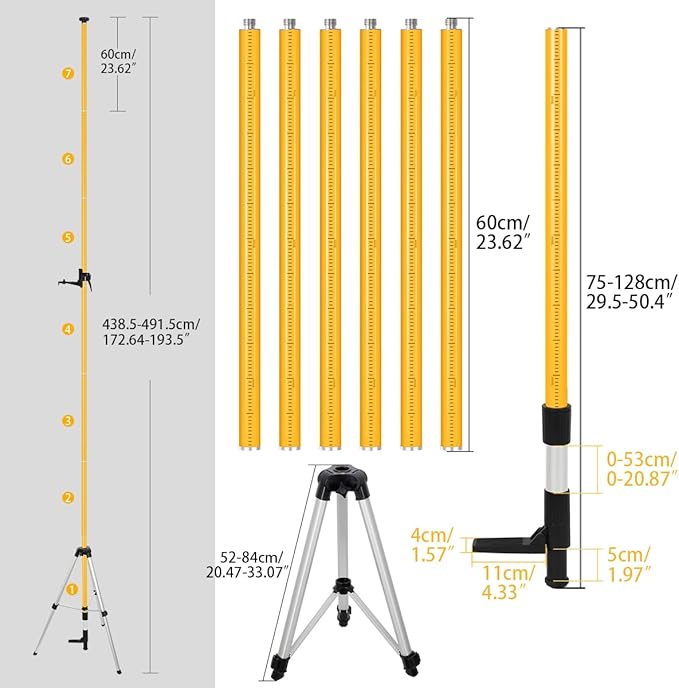 15.8Ft/4.8M Professional Telescoping Laser Level Pole with Tripod & Laser Mount - 1/4"-20 & 5/8"-11 Adapters, Adjustable Laser Pole Mount for Rotary/Line Lasers
