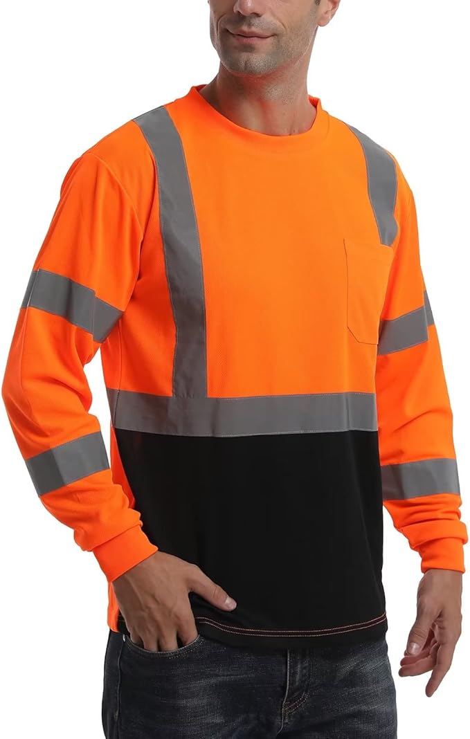 High Visibility Class 3 T Shirts，Hi Vis Safety Shirts with Reflective Strips and Pocket, Long Sleeve Quick Dry Mesh Construction Work Shirt for Men/Women Black Bottom Orange,5XL