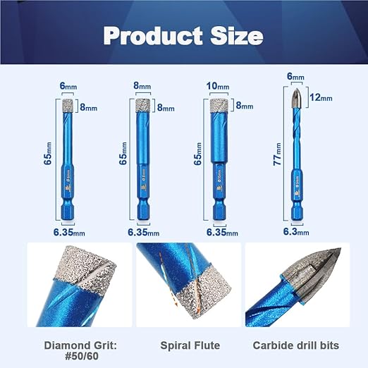 Diamond Drill Bit - BRSCHNITT 1/4 5/16 3/8 1/2 inch Masonry Drill Bits Set for Porcelain Tile Ceramic Stone Granite Marble,Hex Shank Diamond Hole Saw Drill Bit(10psc/Pack).