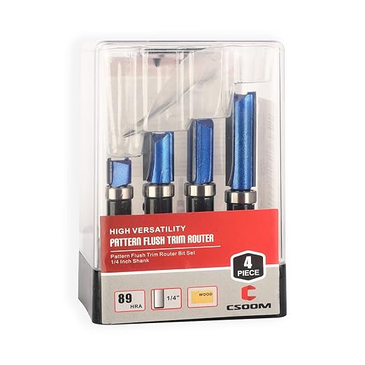 CSOOM 4PCS Professional Pattern Flush Trim Router Bits Set, 1/4” Shank Carbide Top Bearing Flush Trim Router Bits,Cutting diameters of 25/64", 3/4", 1", 1-1/2"