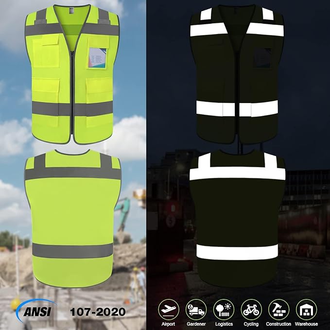 TCCFCCT High Visibility Vest 5 Pockets Reflective Safety Vest with Zipper, Hi Vis Work Vest with Horizontal Strip for Walkie-talkie & ID Card, Durable to Use, Meets ANSI/ISEA Standards, T5-Yellow, M