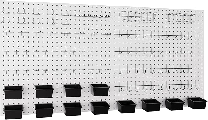 INCLY 158PCS Metal Pegboard Wall Organizer, 48x24 Inch White Pegboard Panels Tool Organizer Kit with Accessories Hooks and Bins, Peg Board Utility Tool Storage for Garage Workbench Shed