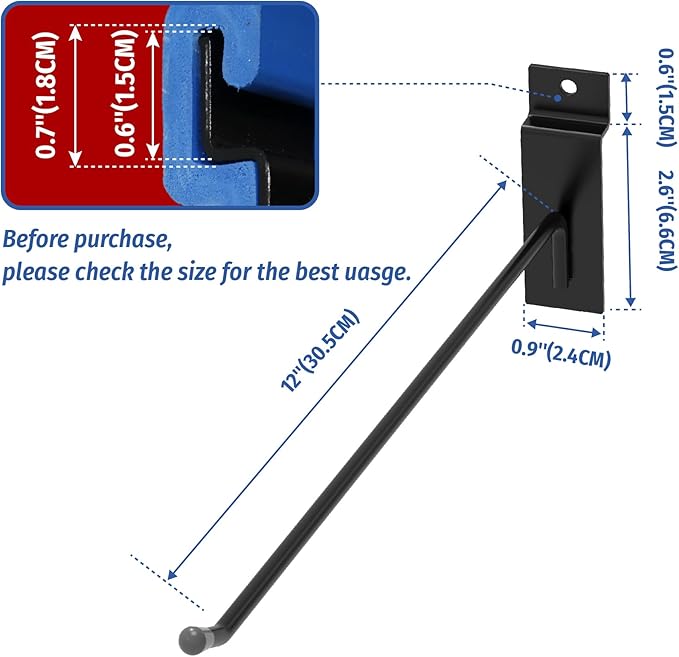 POETISKE Slatwall Hooks 32PC 12 Inch, Heavy Duty Pegboard Gridwall Display Hooks for Retail, Garage Organization, Black