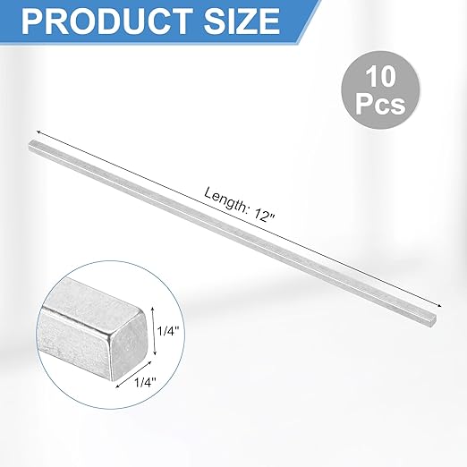 uxcell 10Pcs Square Steel Key Stock, 1/4" x 1/4" x 12" Cold-Drawn 45# Steel Bars Precision Key Stock for Gearbox Coupling, Silver Tone