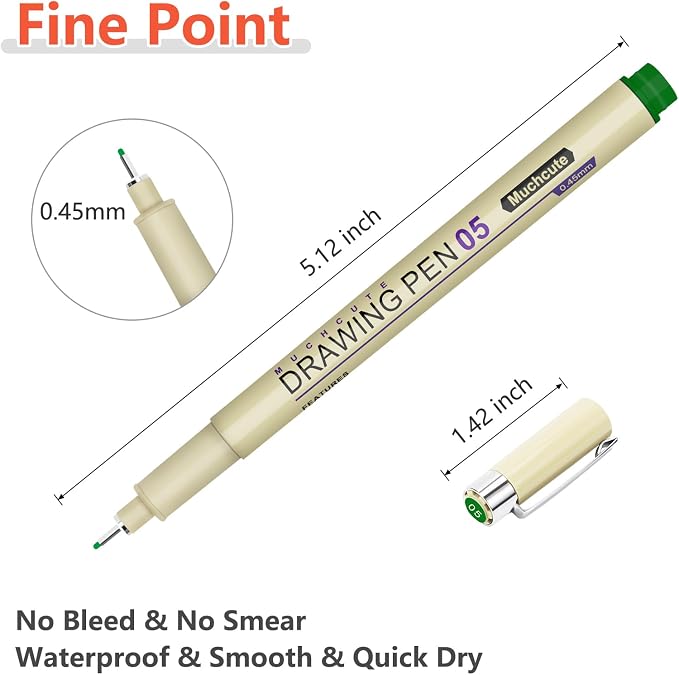 Muchcute 05 Micro Fineliner Drawing Art Pens: 12 Colors 0.45mm Extra Fine Point - Image 3