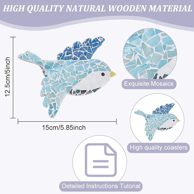 WEBEEDY 2 Sets Colorful Bird Glass Mosaic Tiles Kit Cute Bird Mosaic Coaster - Image 3
